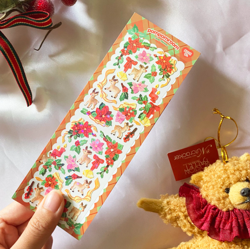 pompomroom Rudolph and Poinsettia Hologram Seal Sticker