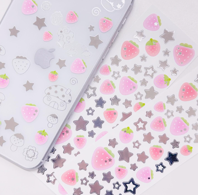 Pearly Button Strawberry Silver Star Sticker