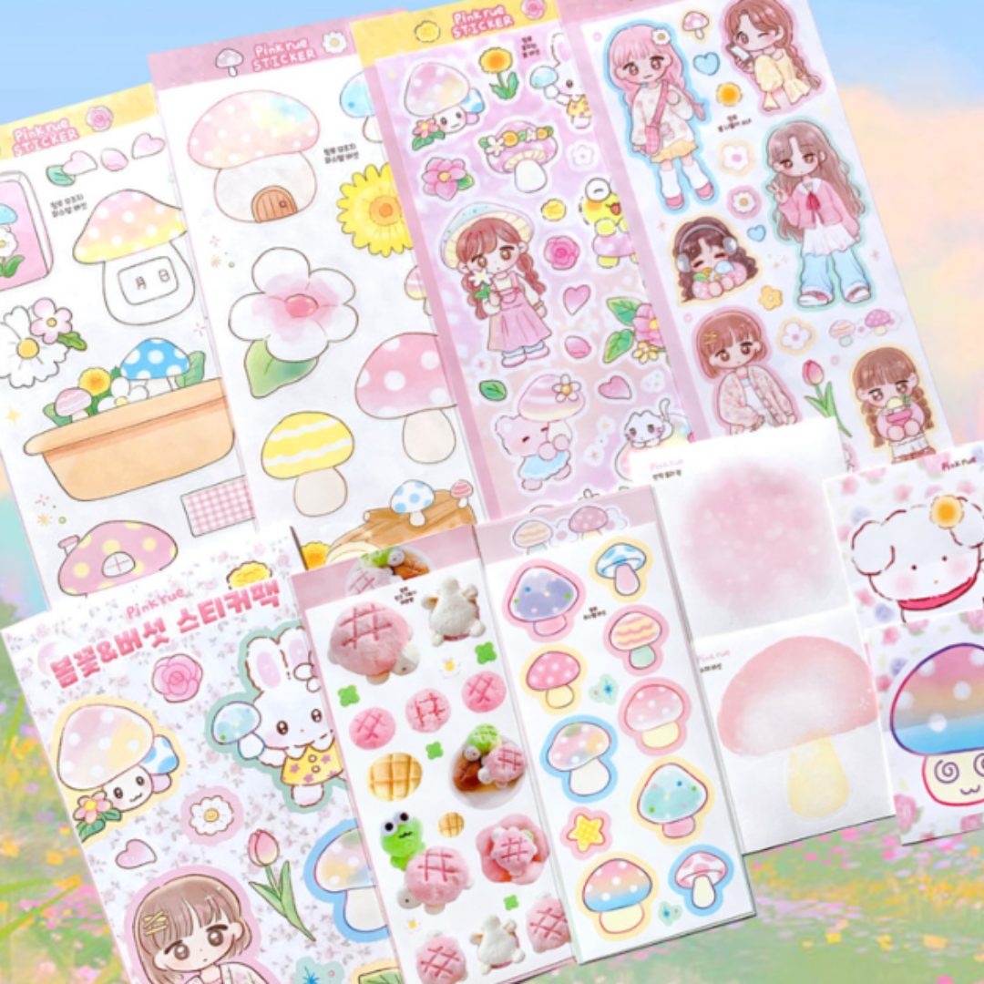 Pink Rue Spring Flowers and Mushroom Girl Sticker Pack