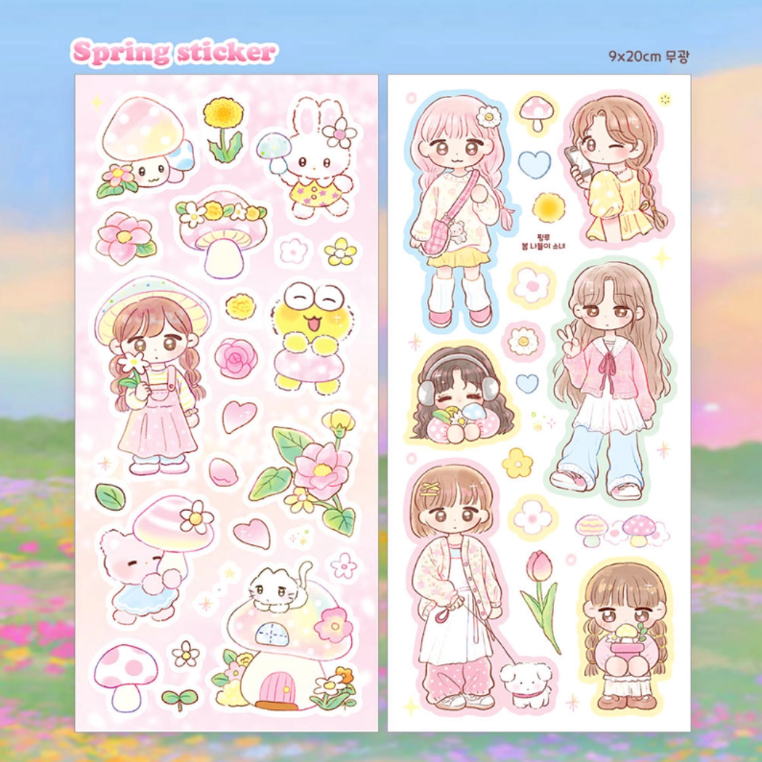 Pink Rue Spring Flowers and Mushroom Girl Sticker Pack