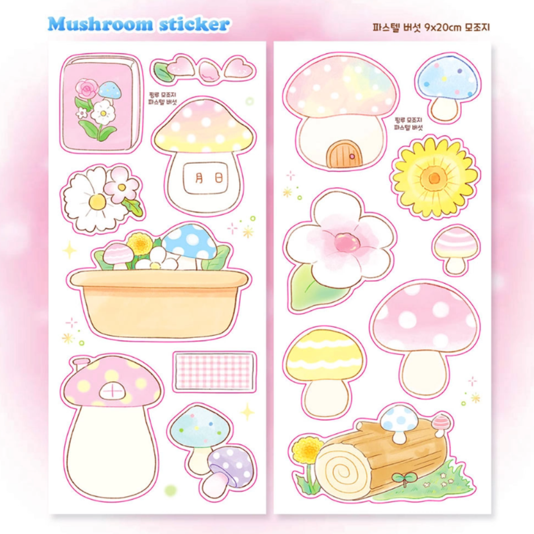 Pink Rue Spring Flowers and Mushroom Girl Sticker Pack