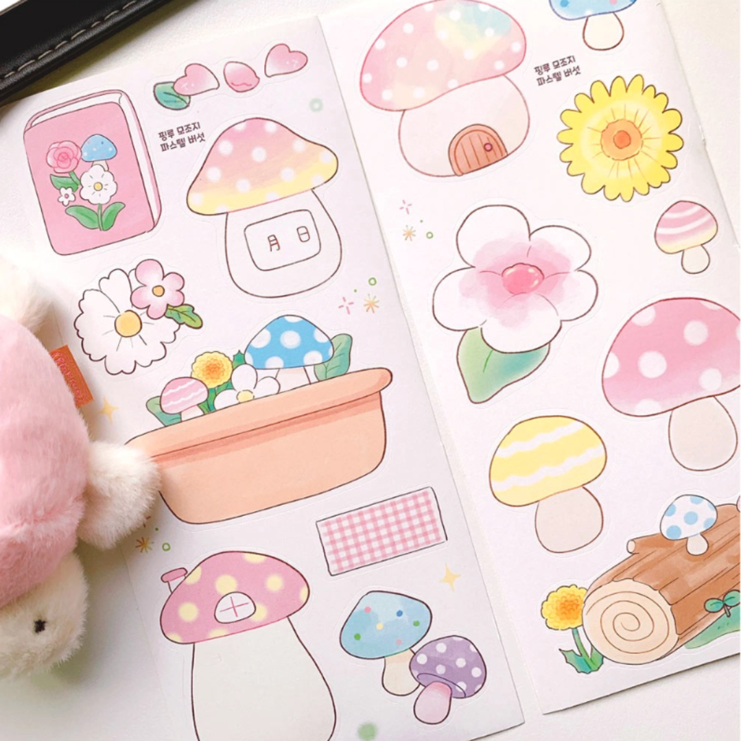 Pink Rue Spring Flowers and Mushroom Girl Sticker Pack