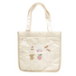 Miffy tote bag.  Miffy surrounded by cute items like cake, bunny, candy,apple, sweets and fork. Bag is quilted material. front view.