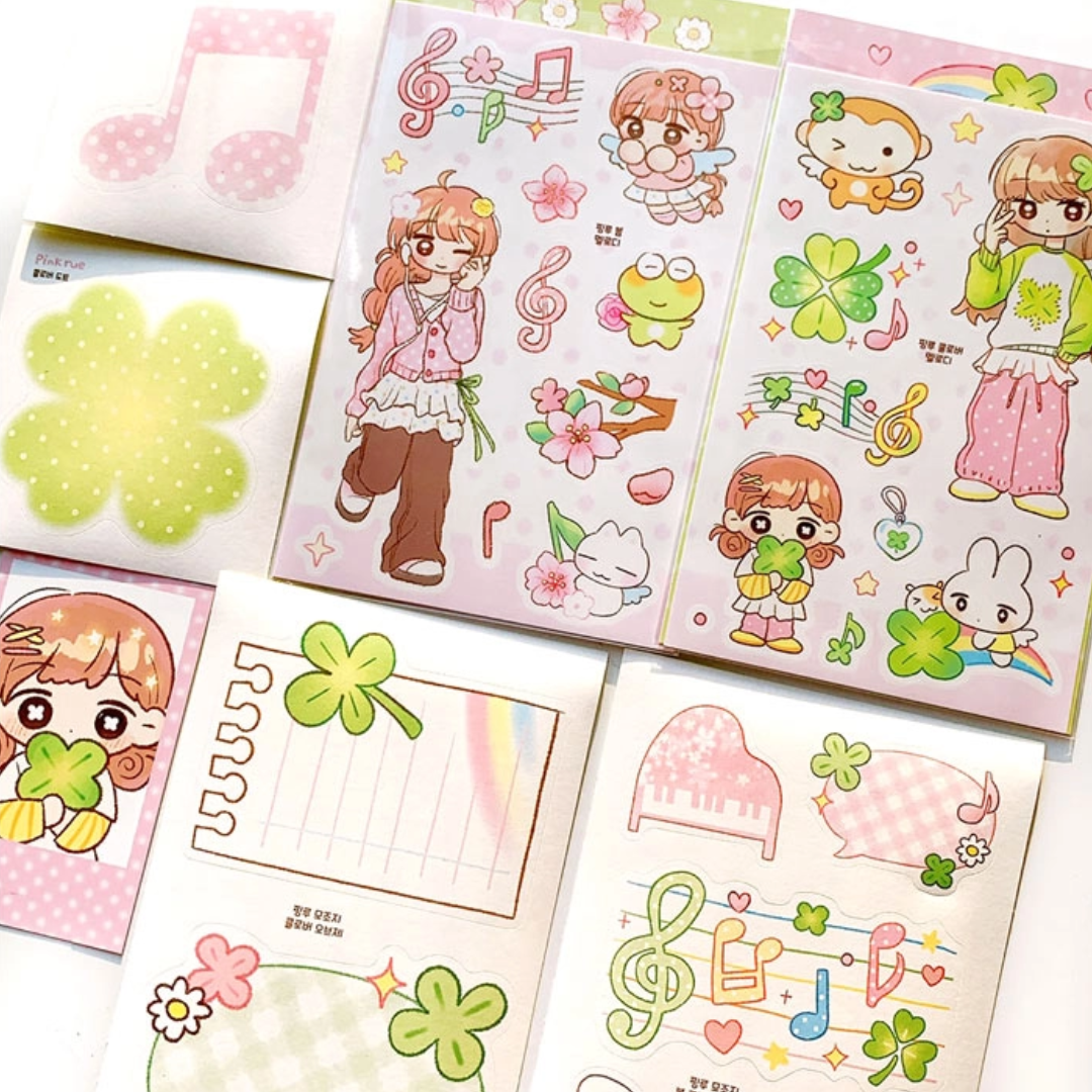 Pink Rue Notes and Clover Sticker Set